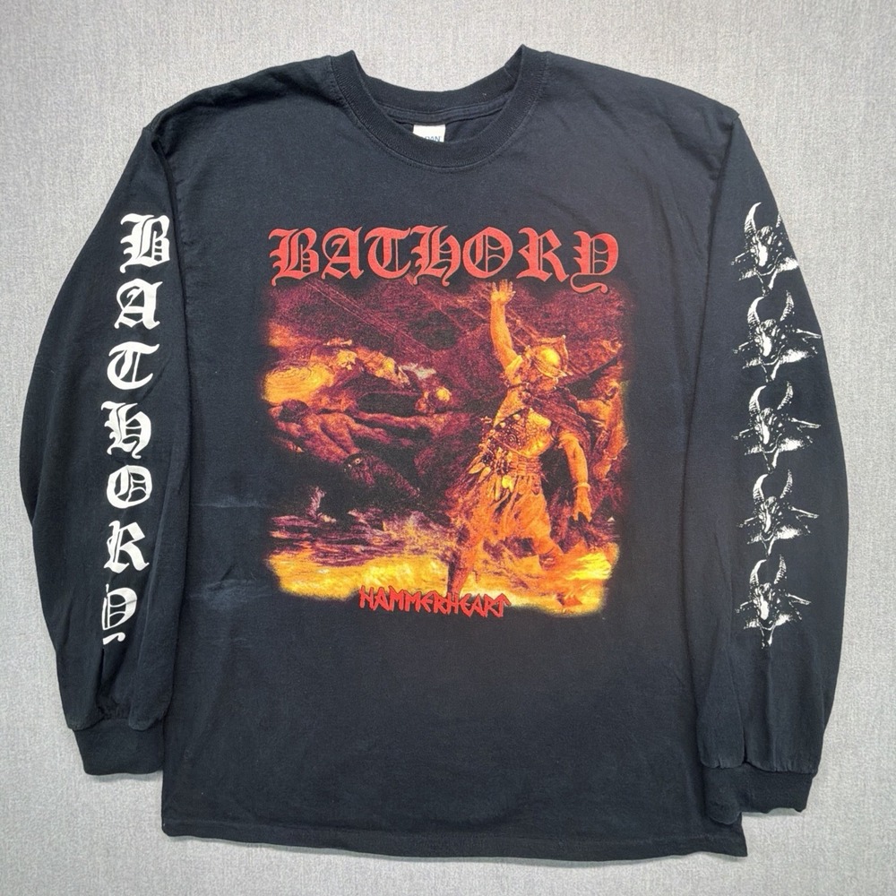 Vintage Bathory Long sleeve Shirt Mens Large Hammerheart Sleeve Hits Gildan